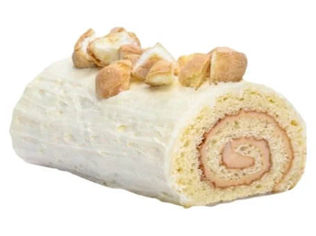 White Yule log with vanilla mousseline, topped with profiterole pieces